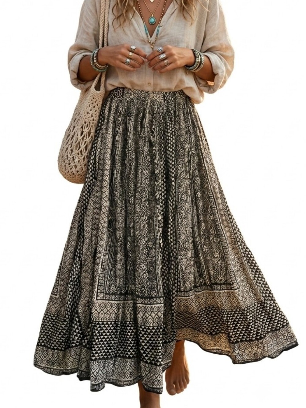 Vintage Black and Creme Floral Geometric Patterned Women's Broom Maxi Skirt